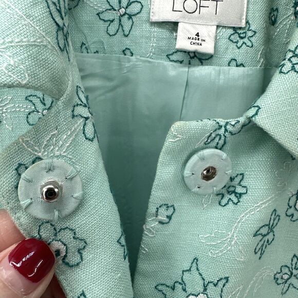Loft Jacket Womens 4 Snap Up Linen Embroidered Floral Blue Green Grandmacore - Picture 5 of 8